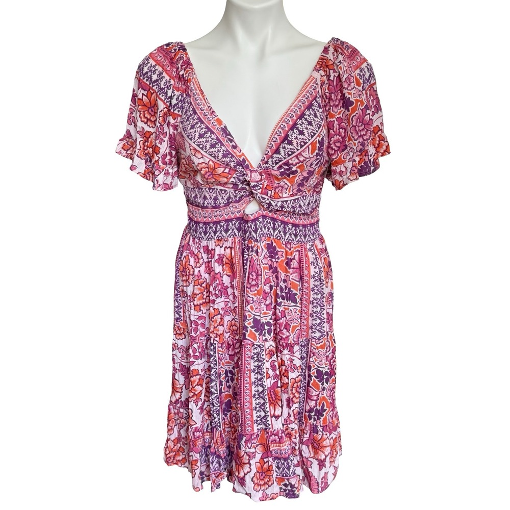 NWT Angie Floral Boho Mini Dress Pink Purple Twist Front Cutout Smocked Back L